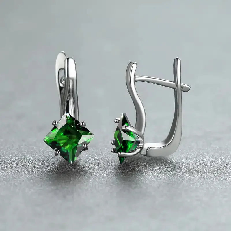 Women's copper earrings with diamond design featuring inlaid zircon in blue, green, and colour options
