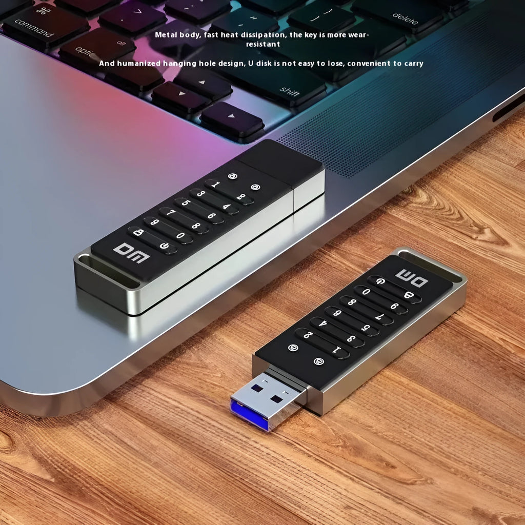 Silver metal encrypted USB flash drive with fingerprint sensor and button, showing 64GB capacity.