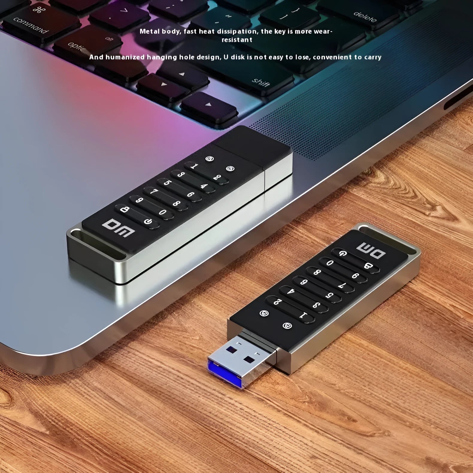 Silver metal encrypted USB flash drive with fingerprint sensor and button, showing 64GB capacity.