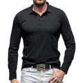 Man wearing a dark grey polo collar long sleeve cotton t-shirt in American retro style.
