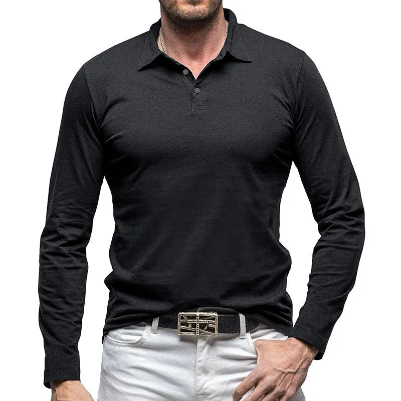 Man wearing a dark grey polo collar long sleeve cotton t-shirt in American retro style.