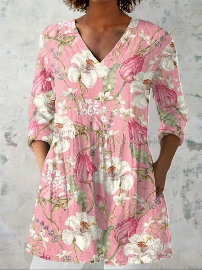 Women's retro slim fit long-sleeved top with digital print pattern in polyester fabric