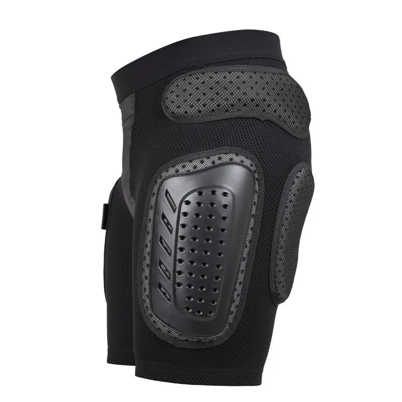 Black cycling hip protection pants with integrated pads for sports safety.