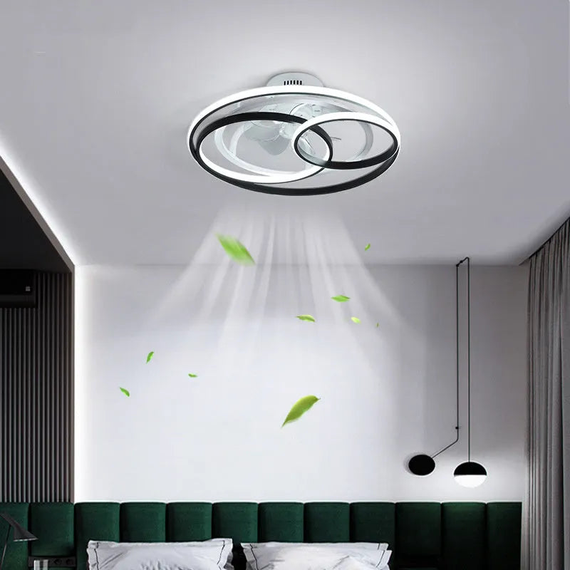 Nordic style ceiling fan light with integrated lamp and metal blades in black or gold finish.