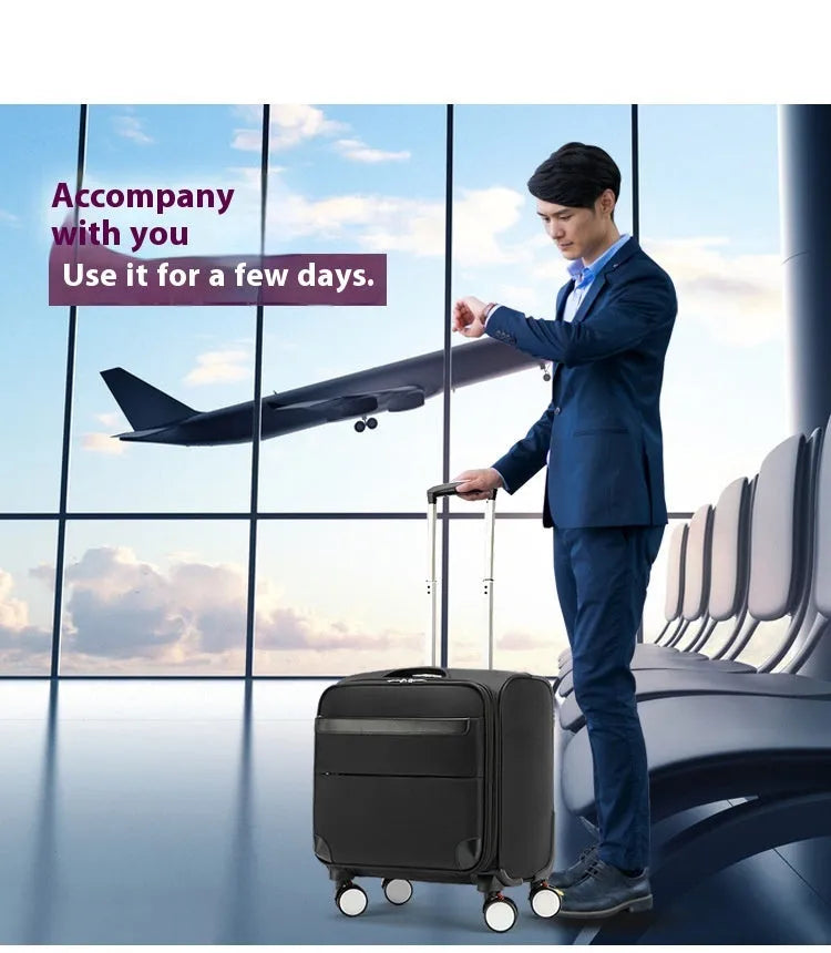 18-inch black Oxford cloth business travel suitcase with universal wheels and retractable handle