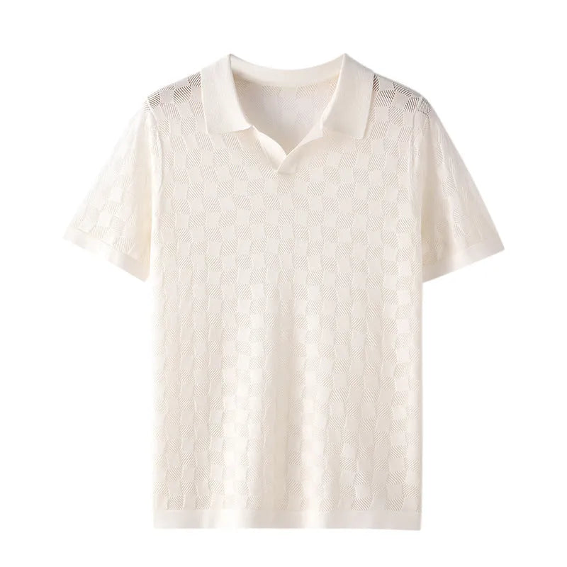 Men's short sleeve lapels sweater in mulberry silk with jacquard pattern, shown in business casual styling