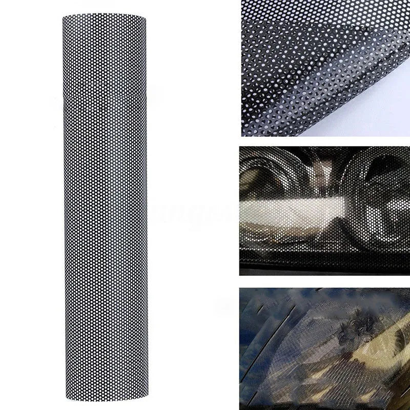 Perforated mesh automotive vinyl colour change film sheet measuring 30 by 106 centimetres.