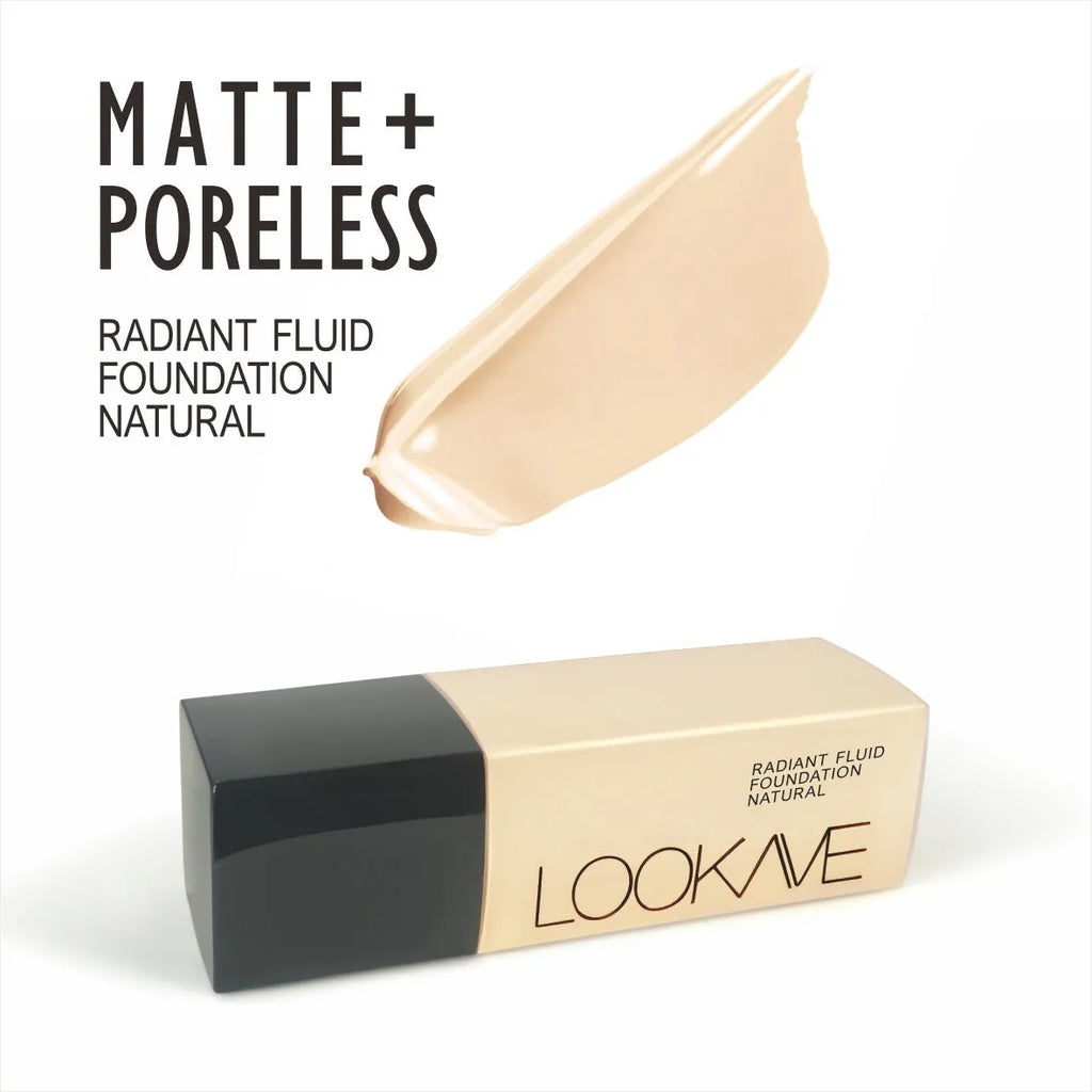 LOOKAVE Matte Liquid Foundation bottle in six shade options with waterproof and brightening properties