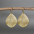 Gold tone leaf-shaped hollow pendant earrings with retro design and drop silhouette
