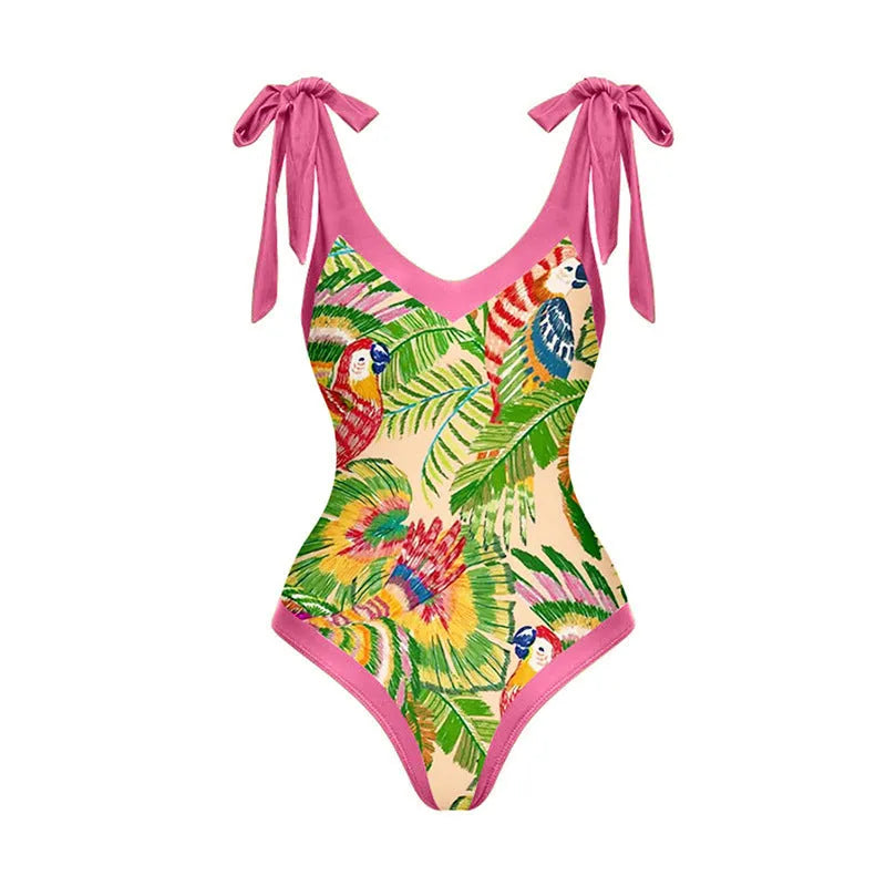 Retro pink floral print one-piece swimsuit with V-neck, covered belly, and thin skirt