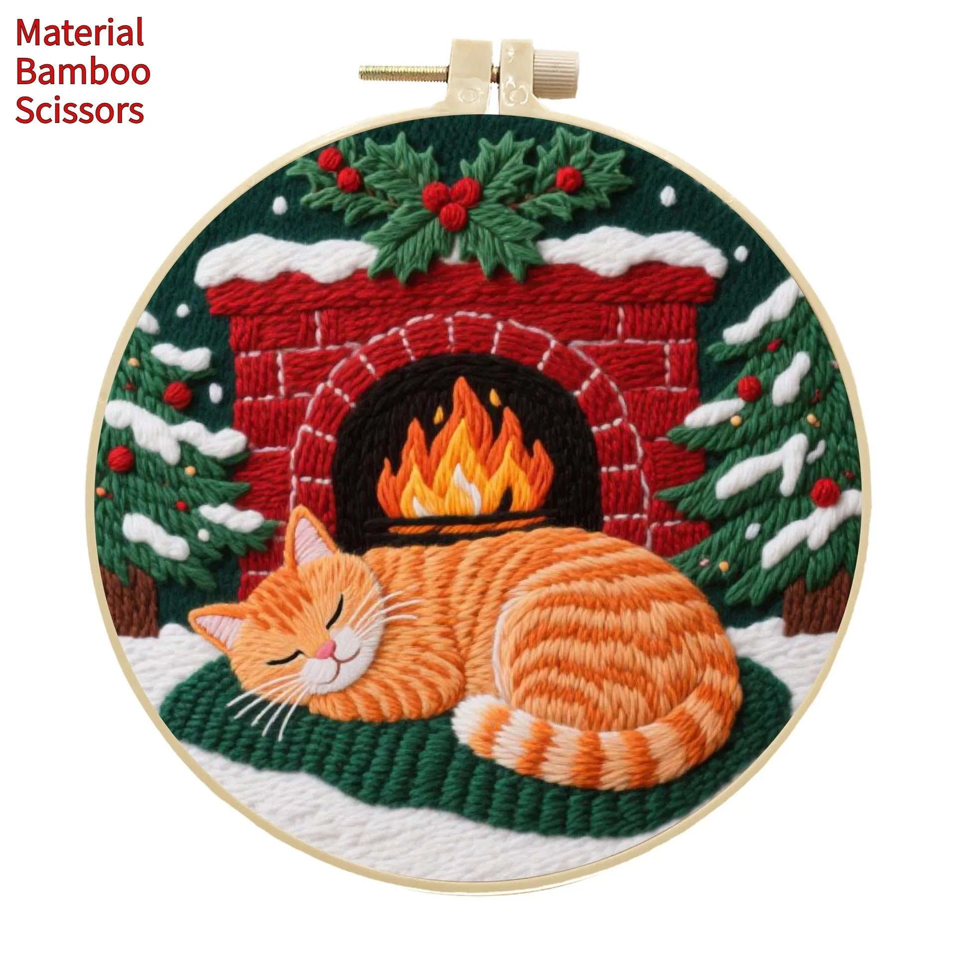 Embroidery DIY material package showing cotton linen fabric with autumn fruit pattern next to a 20cm imitation bamboo embroidery hoop.