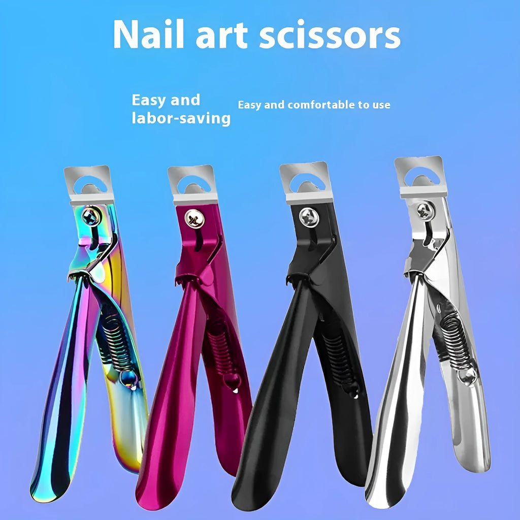 Stainless steel French U-shaped nail art scissors shown in electrophoresis black, colour titanium, and silver thin handle options.