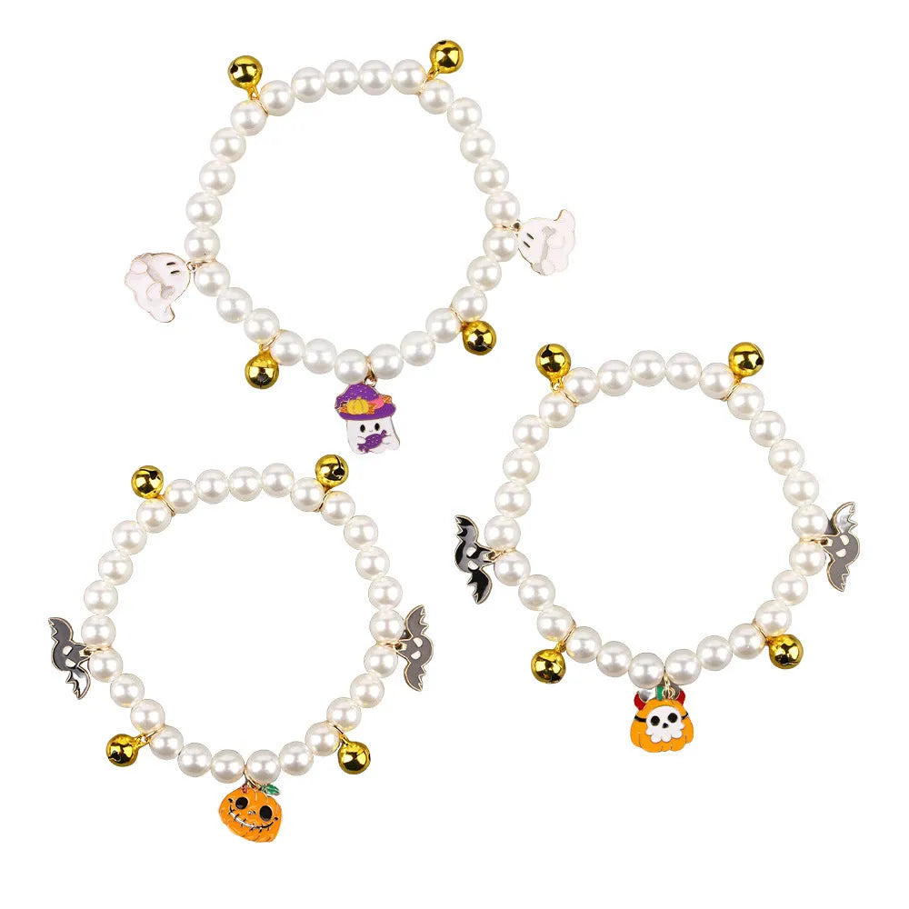 Purple Halloween cat collar with simulated pearl necklace decoration showing pumpkin designs