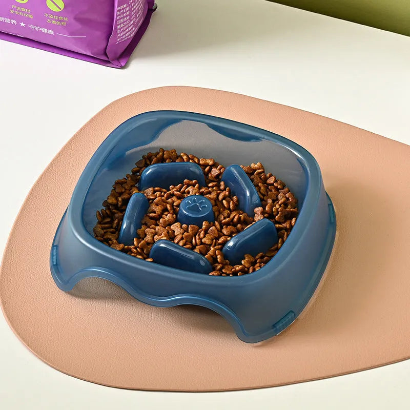 Blue plastic slow feeder dog bowl with internal maze pattern for portion control.
