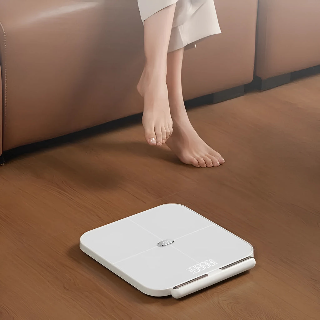 White 8-electrode body fat scale with tempered glass platform and LED display