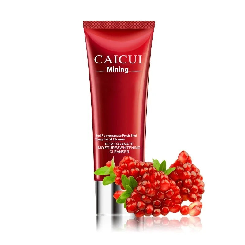 Red packaging for a four-piece pomegranate skincare set containing face wash, toner, lotion, and facial cream.