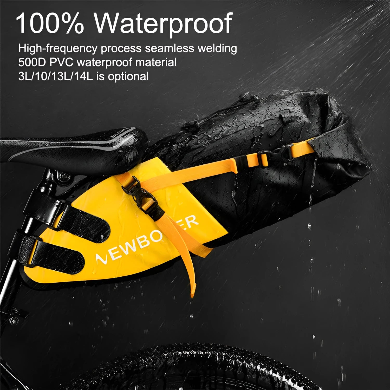 Waterproof PVC bicycle tail bag in yellow, black, or green, showing 13L capacity and dimensions.