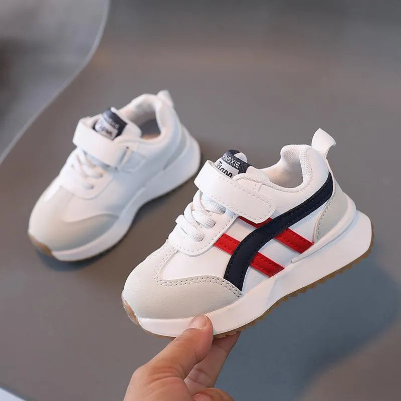 Children's casual sneakers with Velcro fastening in white, beige, or khaki synthetic leather with rubber soles