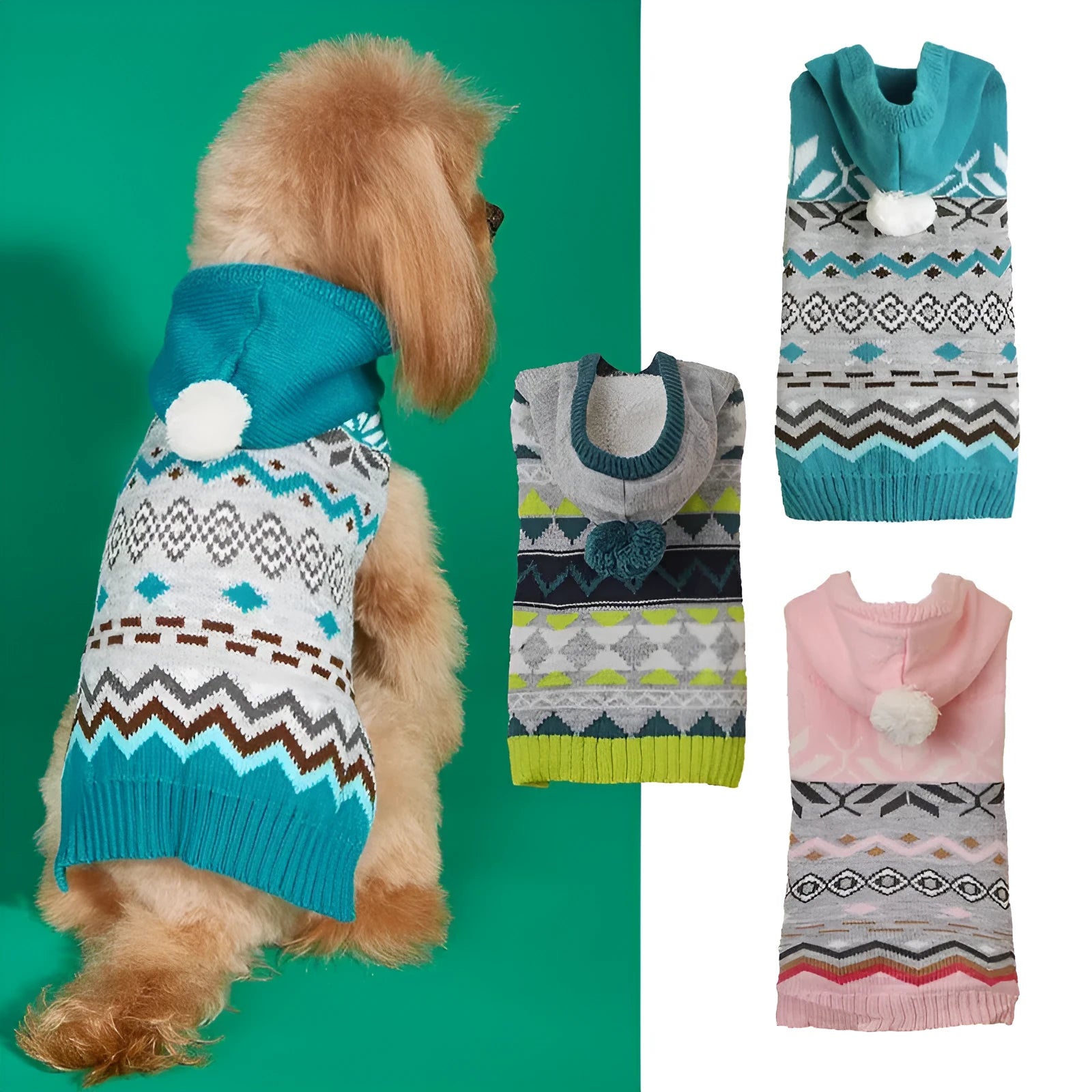 Blue knitted dog sweater with a diamond pattern on a small dog model.