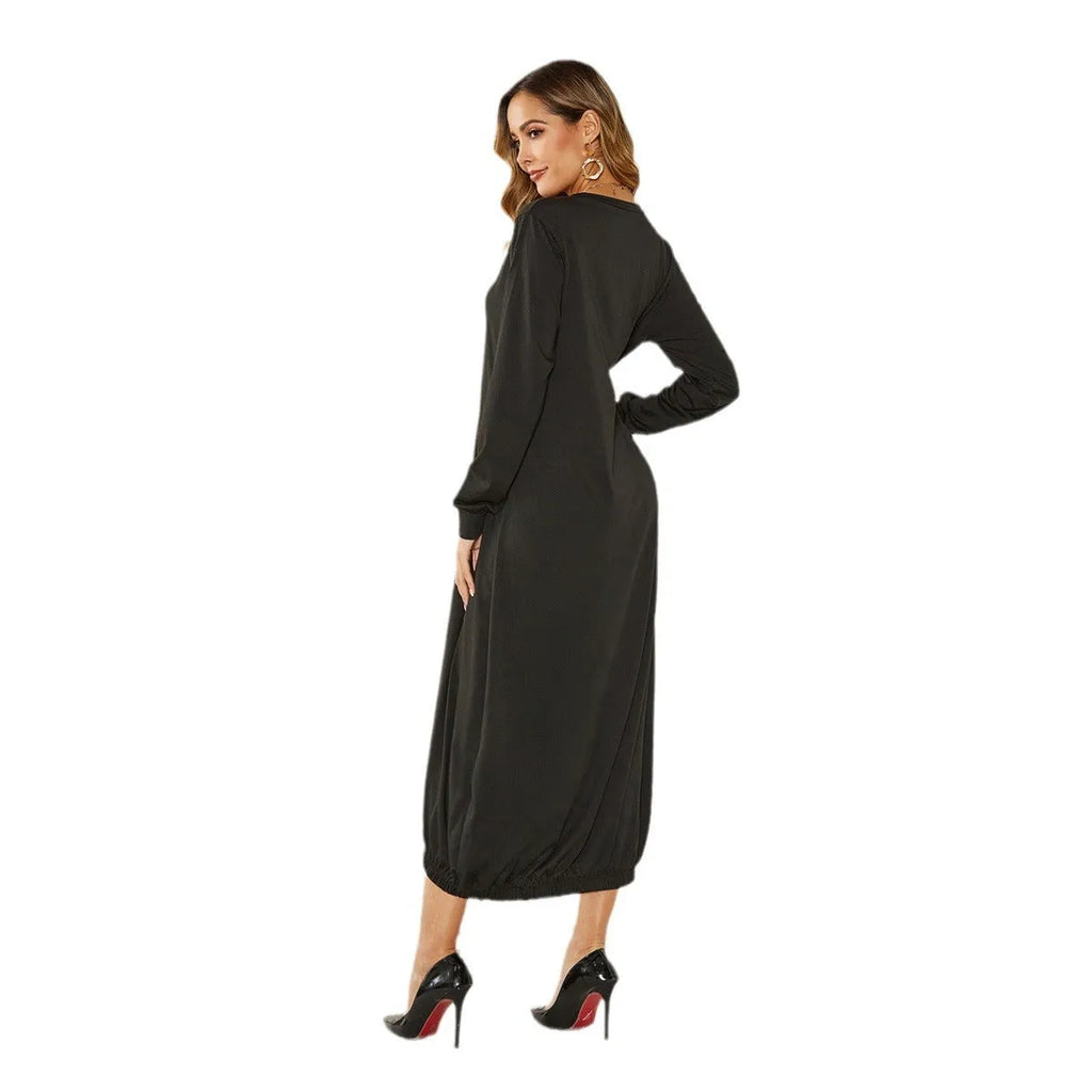 Black loose lantern dress with lace-up crew neck in Japanese Korean casual style