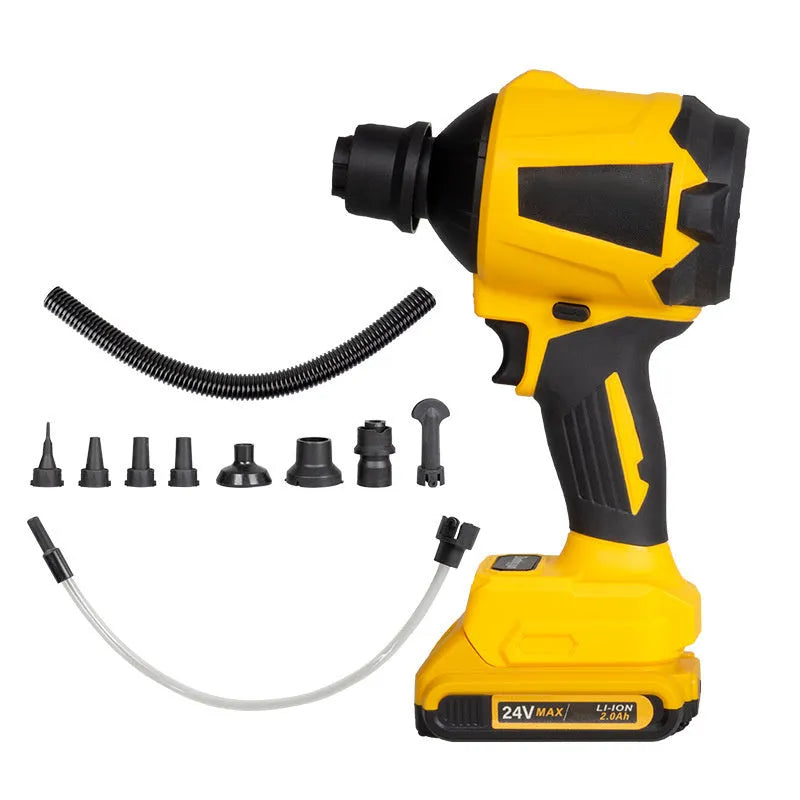 Yellow cordless lithium battery dust gun for blowing and suction cleaning.