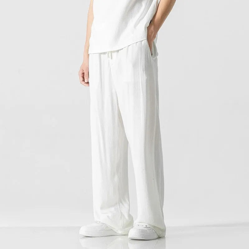 Men's bamboo fibre linen trousers in cropped length with drawstring waist and straight-leg cut