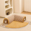 Brown plaid collapsible cat tunnel bed with central mat and zipper for indoor cats.