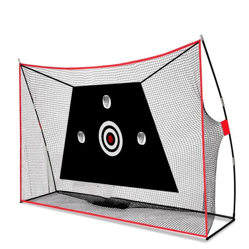 Golf swing wedge training net set with straw mat, practice balls, and target net laid out.