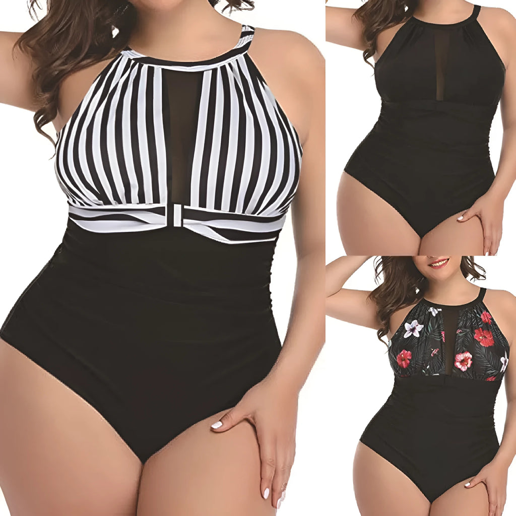 Women's black lace one-piece swimsuit with red floral and striped pattern options.