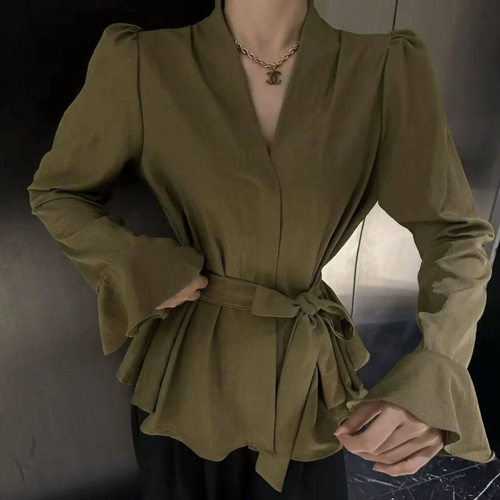 Women's French-style irregular collar shirt with long bell sleeves and tied front detail in polyester fabric