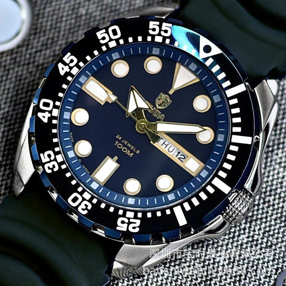 Men's waterproof sports watch with luminous dial and quartz movement on a steel strap.