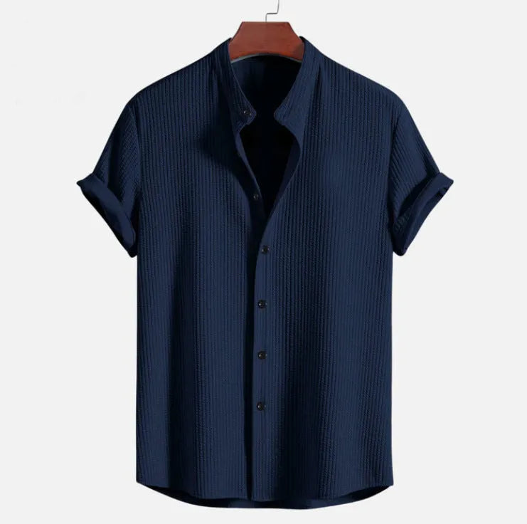 Men's loose short sleeve summer shirt in polyester fabric showing colour options
