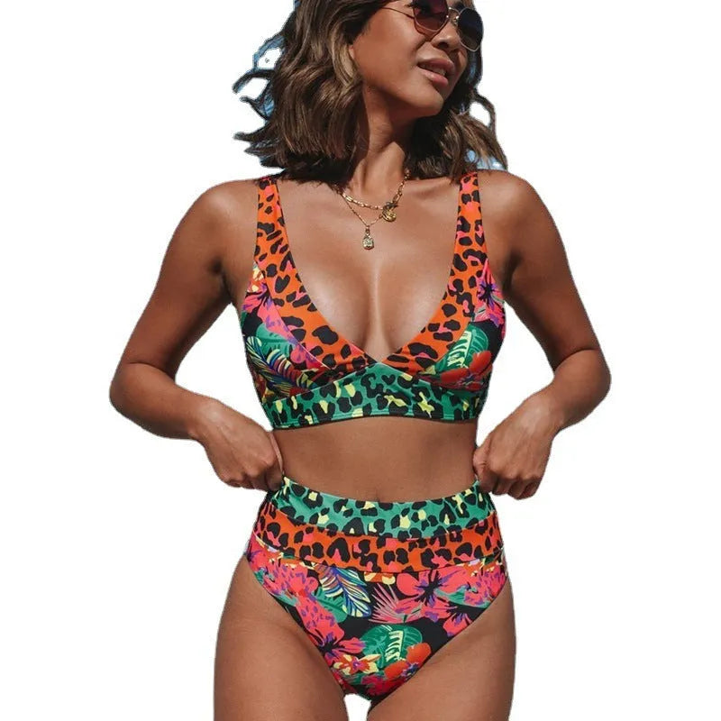 Women's high waisted floral print bikini swimsuit set on a white background.