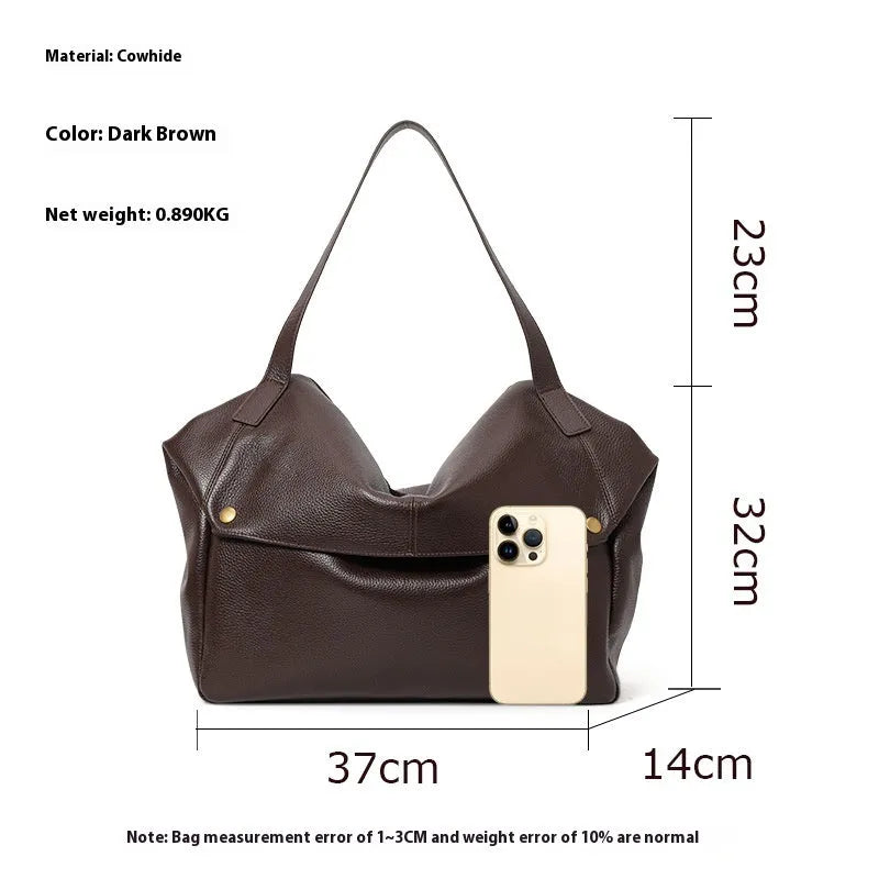 Brown genuine leather women's commuter shoulder bag with square shape and shoulder strap