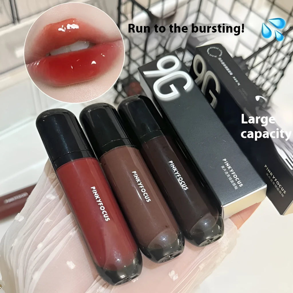 Black Citrus Mirror Lip Lacquer in shiny finish, shown in six colour shades.