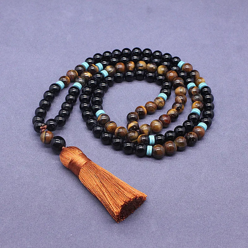 Black agate bracelet and tigereye stone necklace jewellery set with geometric design