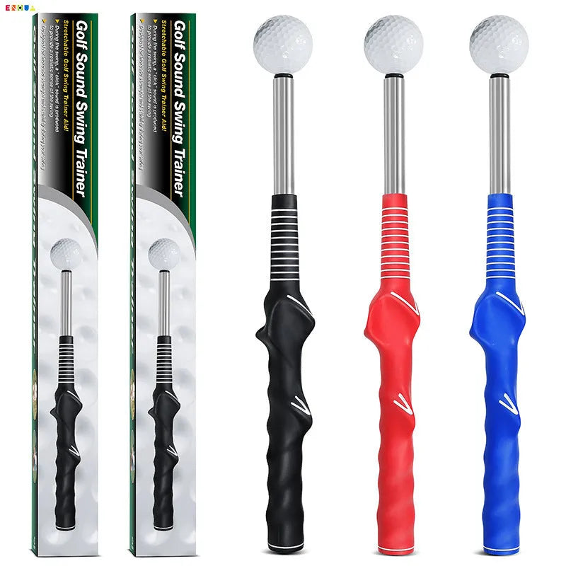 Telescopic stainless steel golf swing trainer in black, blue and red colour options