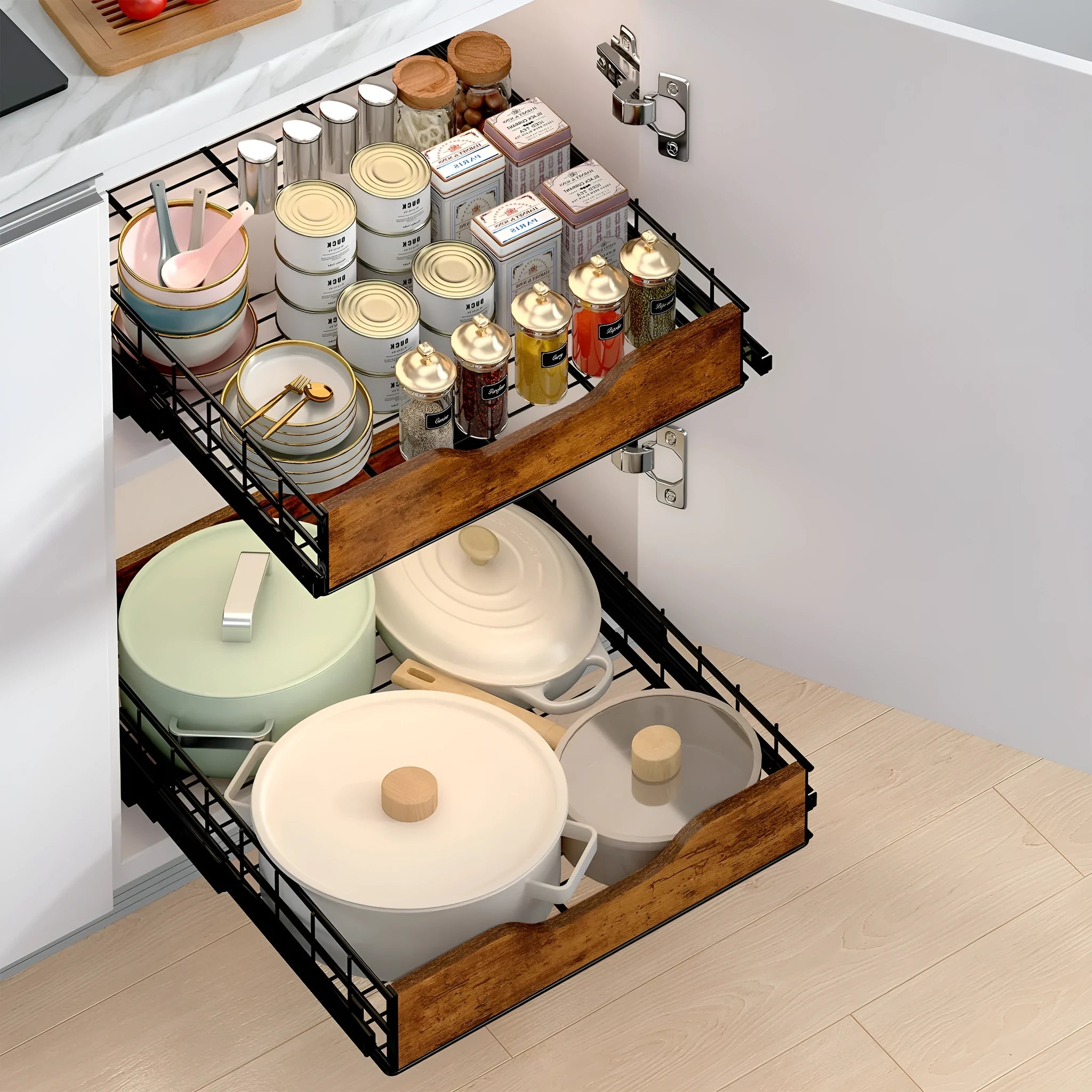 Black household storage basket drawer with wood and iron construction for kitchen organisation