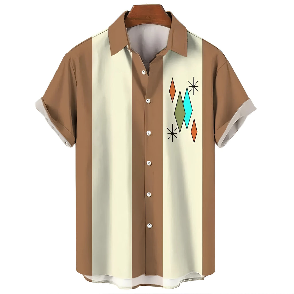 Men's striped Hawaiian short sleeve casual shirt on a hanger.