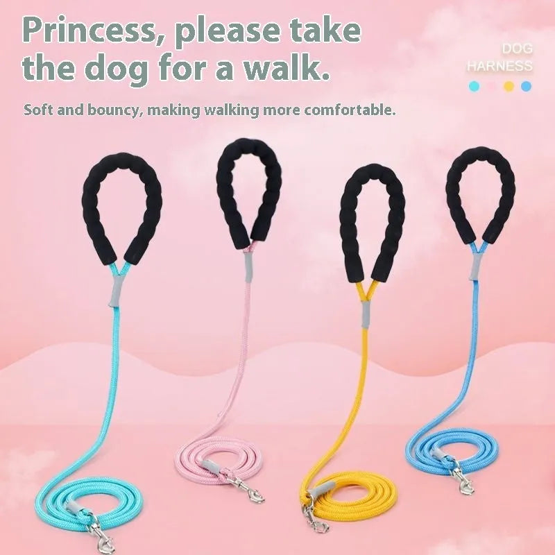Dog walking vest with attached hand-holding rope in blue, green, pink or yellow colours