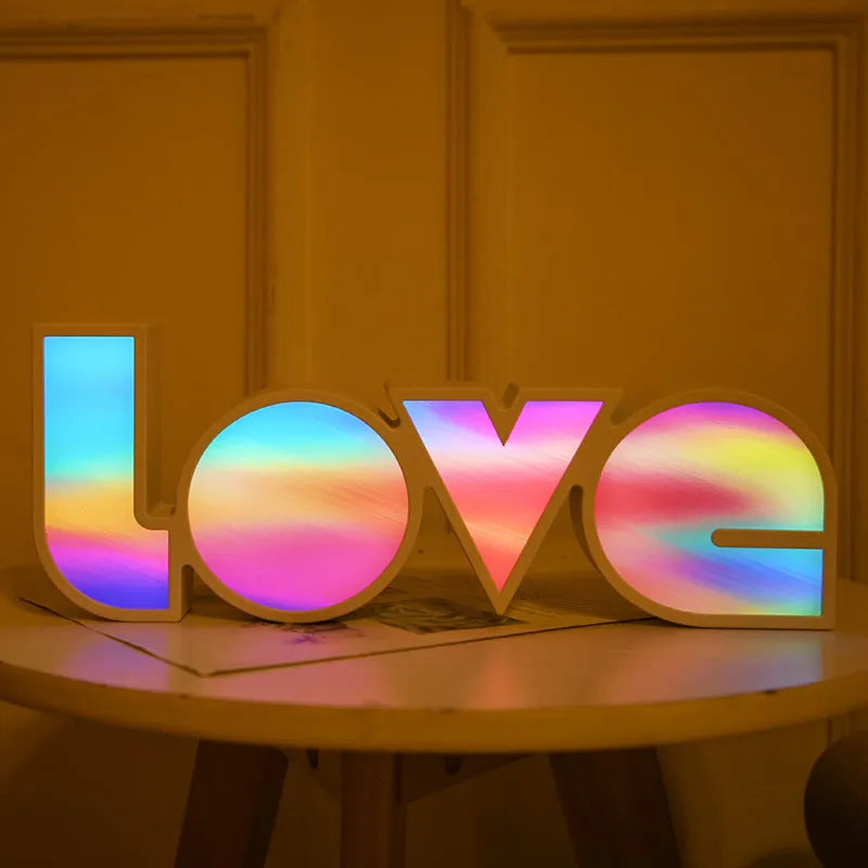 Rainbow LED LOVE decorative lamp with USB cable, measuring 35.5cm wide