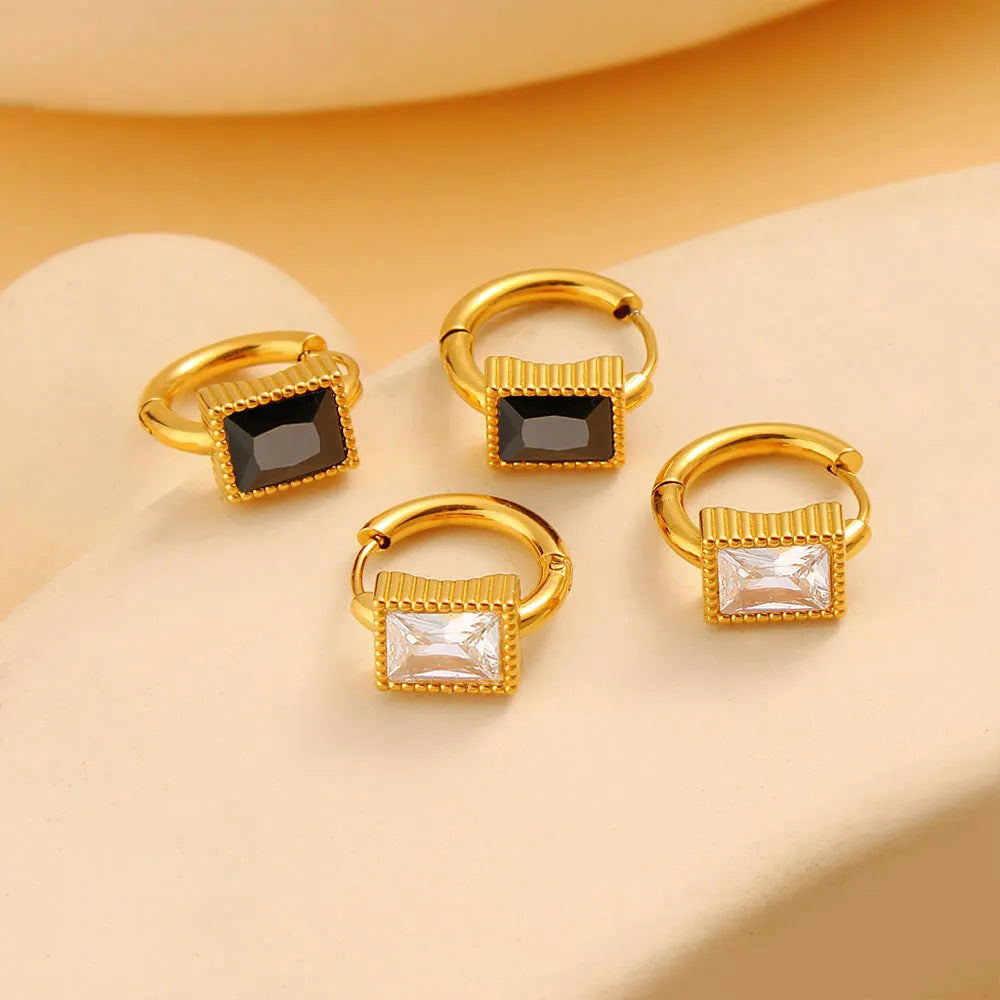 Square zircon geometric stainless steel earrings in white, black, or green colours