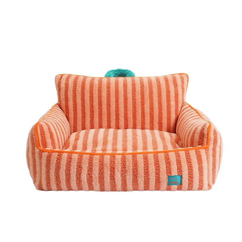 Striped soft velvet pet bed with removable cover in yellow, orange, and purple colour options.