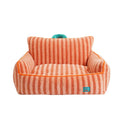 Striped soft velvet pet bed with removable cover in yellow, orange, and purple colour options.