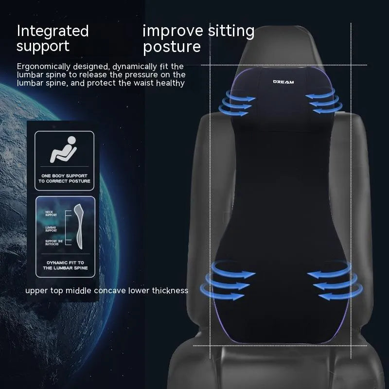 Black automotive memory foam waist cushion and headrest lumbar support pillow set on car seat