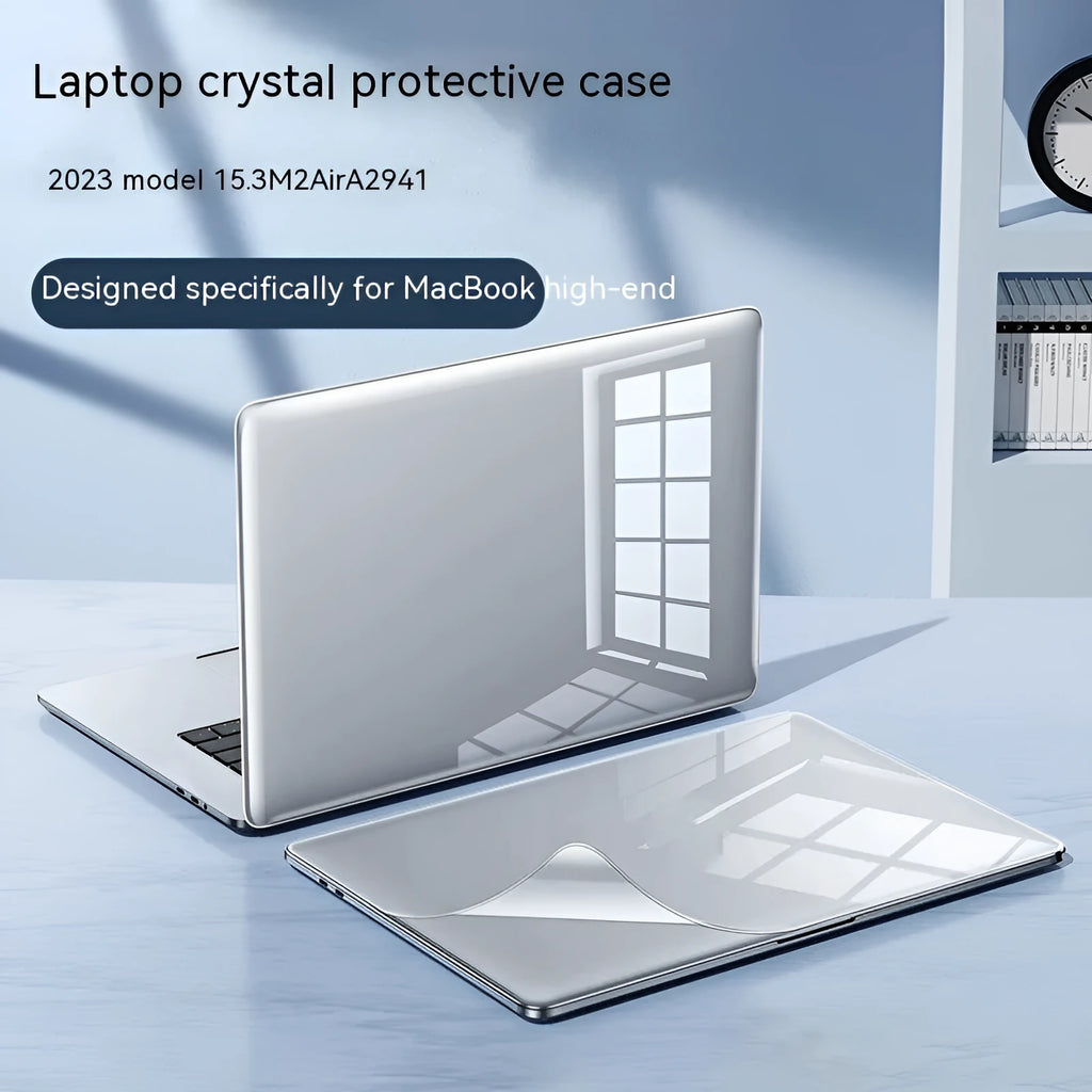 Hard shell protective case for MacBook laptop in transparent and black colour options.