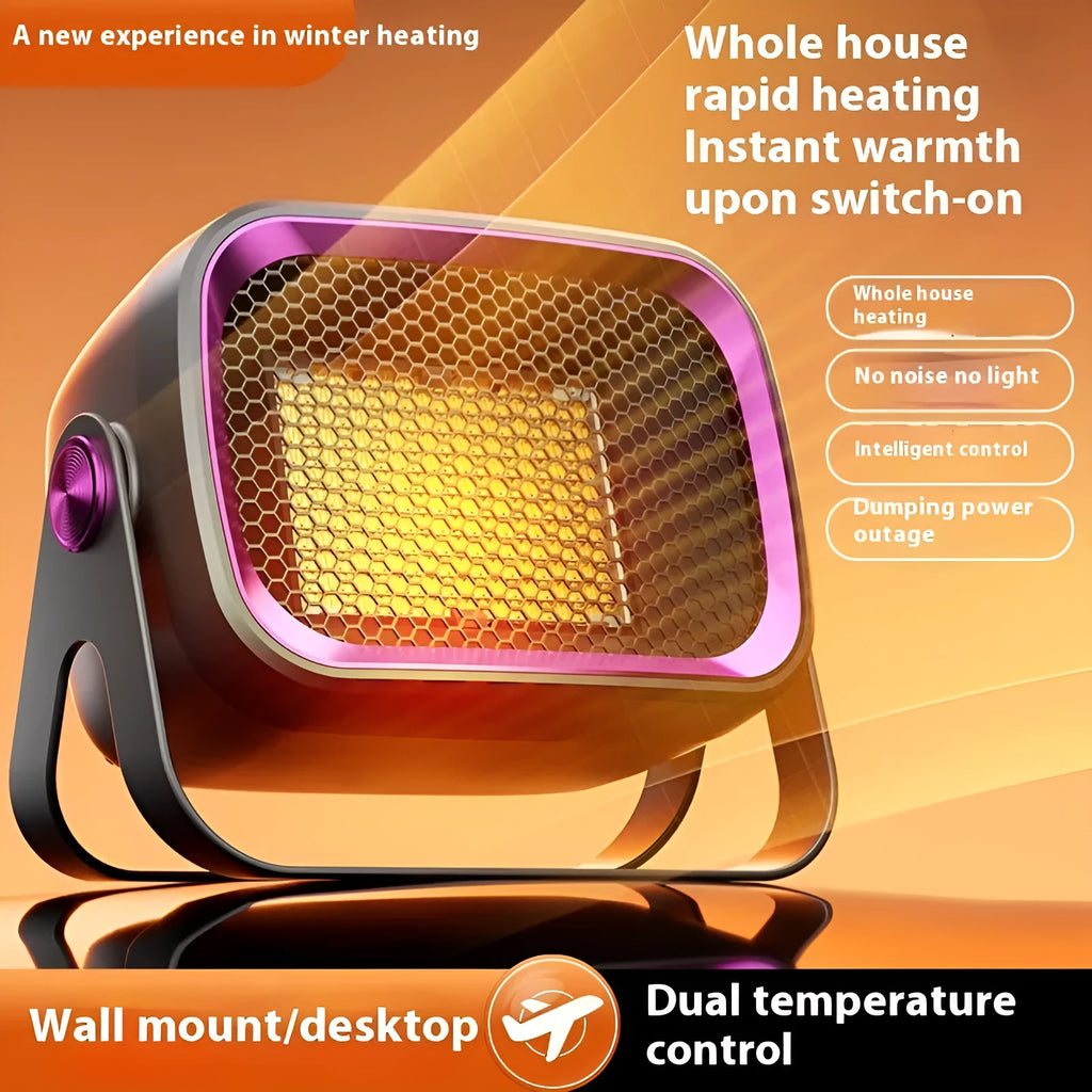 Compact white desktop ceramic heater with control buttons and rotatable base.