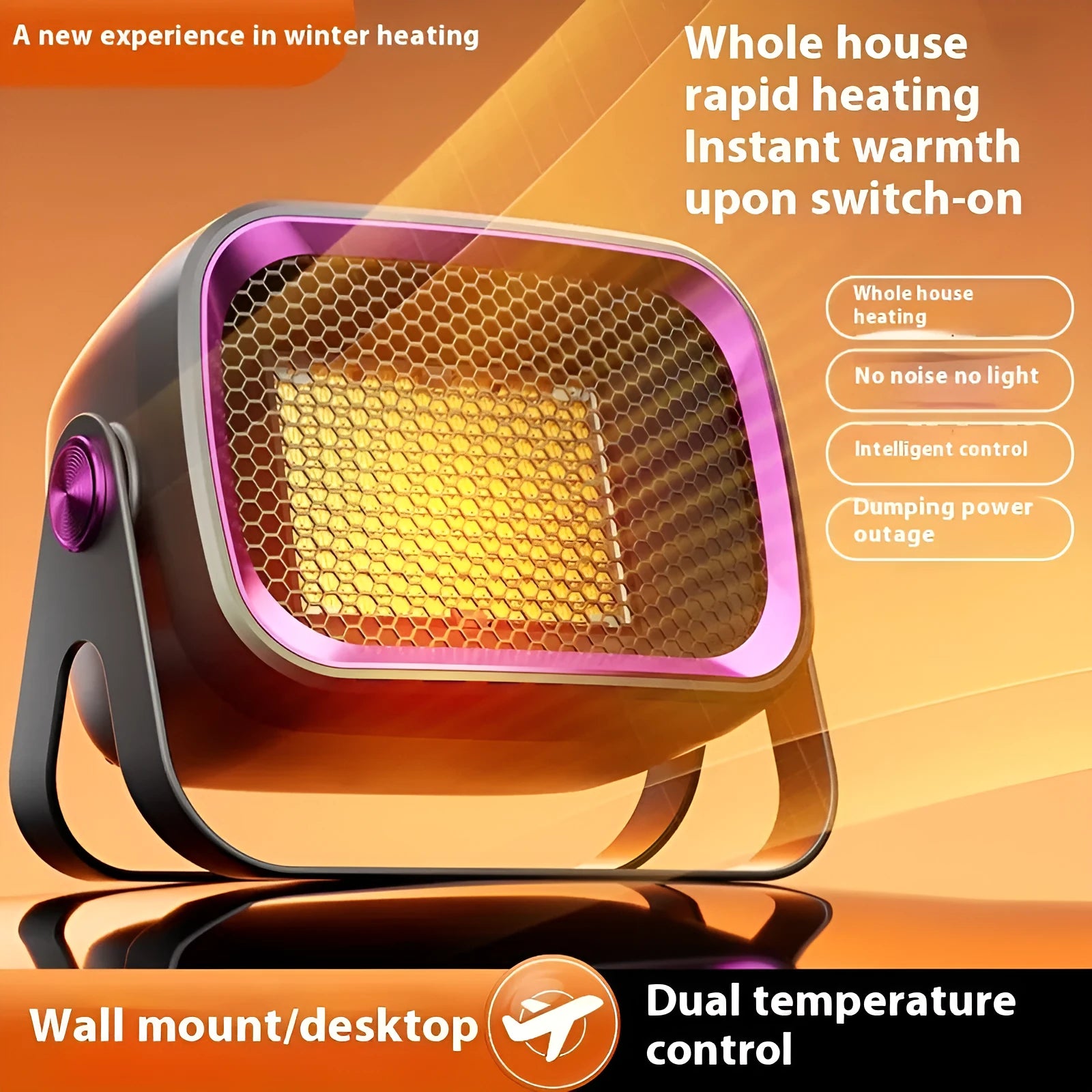 Compact white desktop ceramic heater with control buttons and rotatable base.