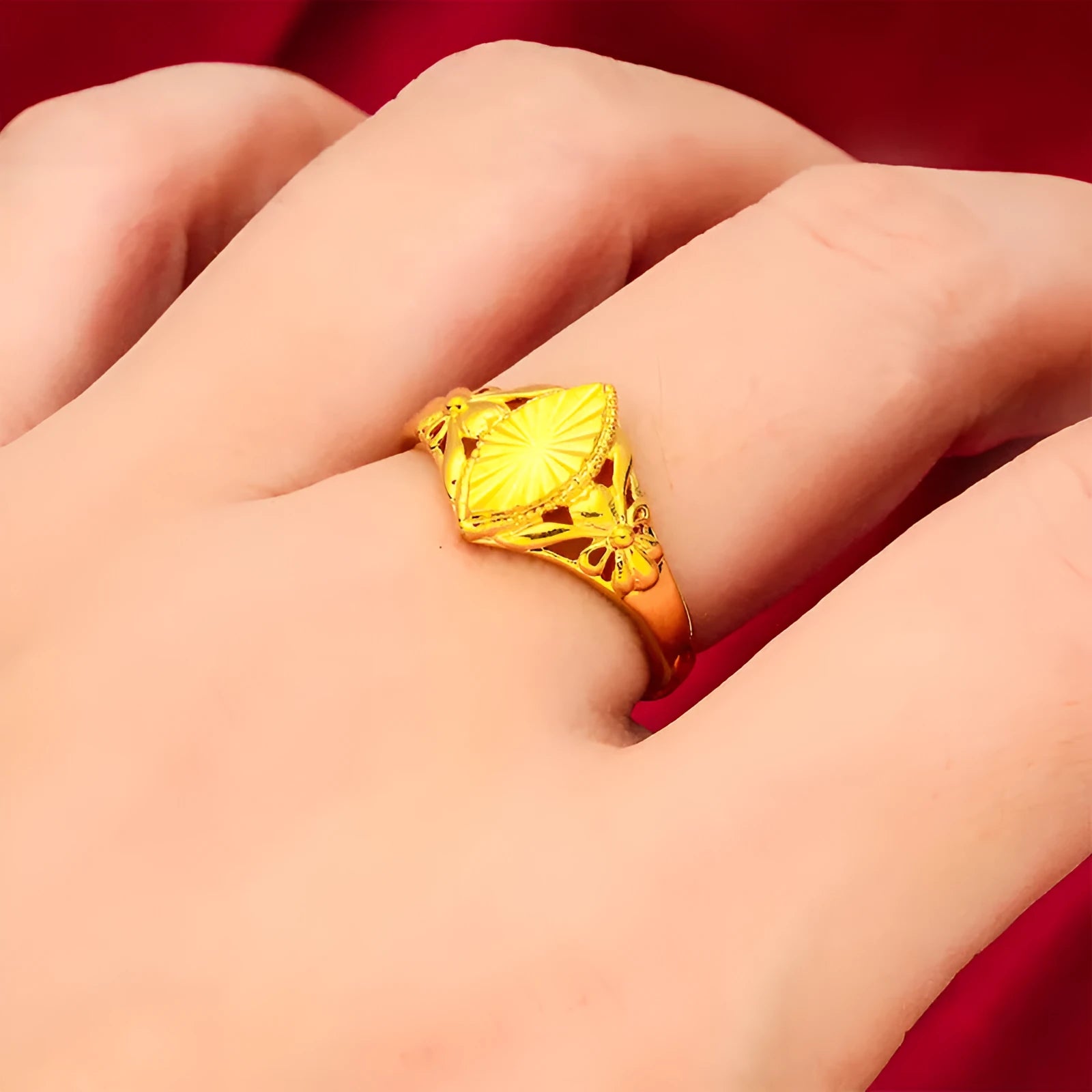 Alluvial gold geometric ring with textured open diamond flower design on brass base