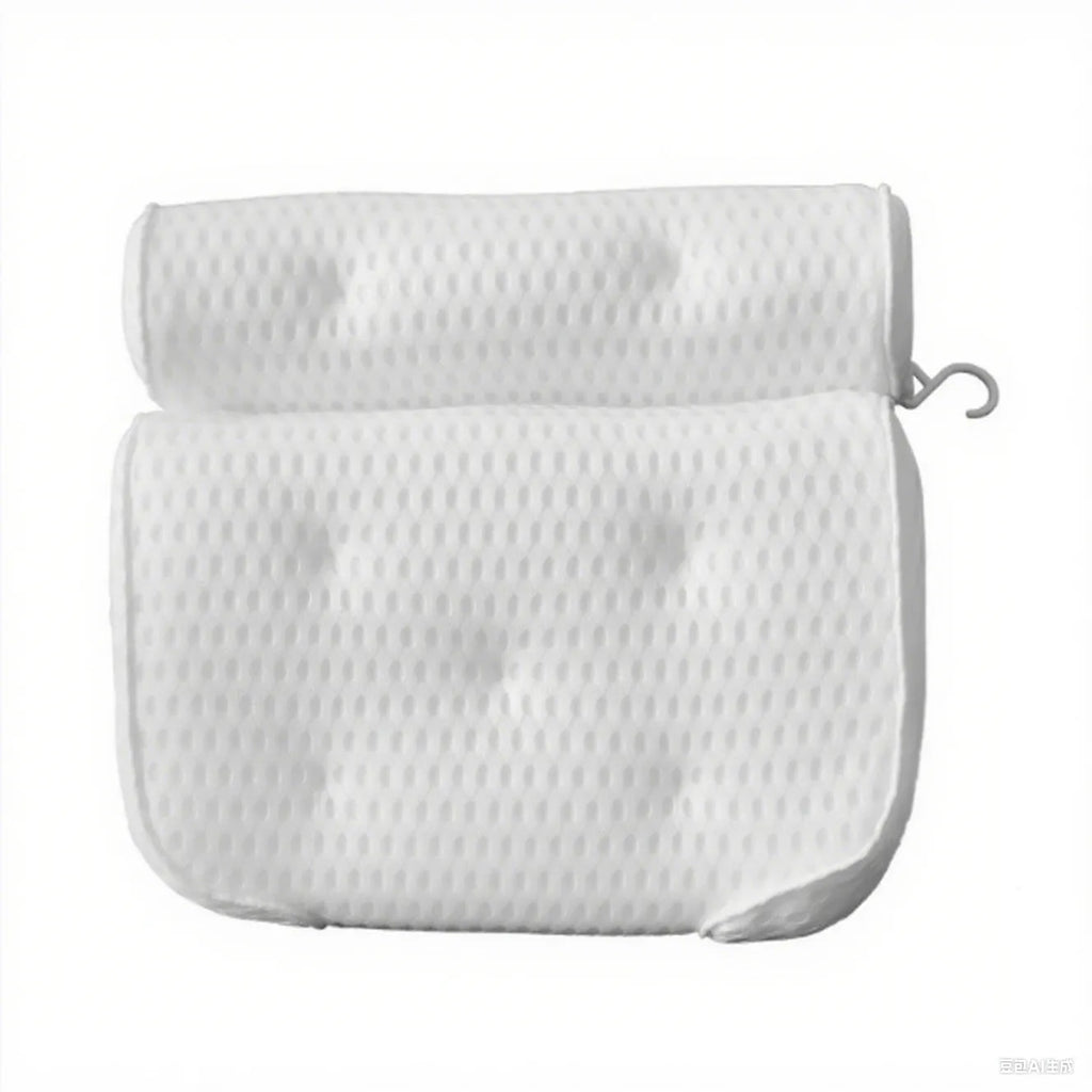White bathtub pillow with 4D mesh fabric and 7 suction cups on a 3D material base.